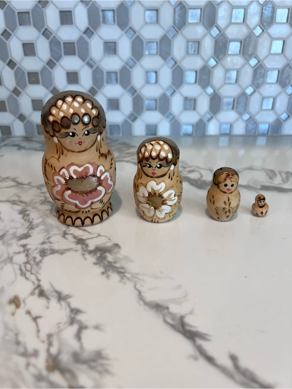 Russian Matryoshka Stacking Nesting Dolls Wooden Set of 4 Gold Accent Natural